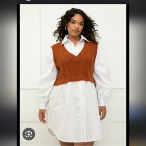 Eloquii White Shirt Dress with Orange Knit Vest